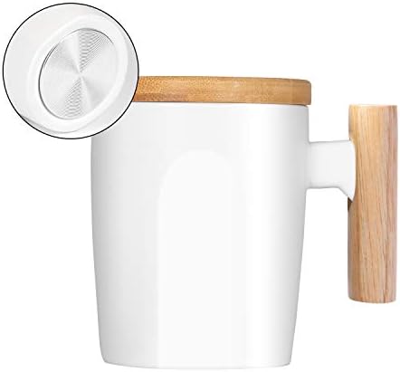 Flat Bottom Mug With Wood Lid, Ceramic Tea Cup For Coffee Warmer, Flat Bottomed, Wooden Handle, 14oz