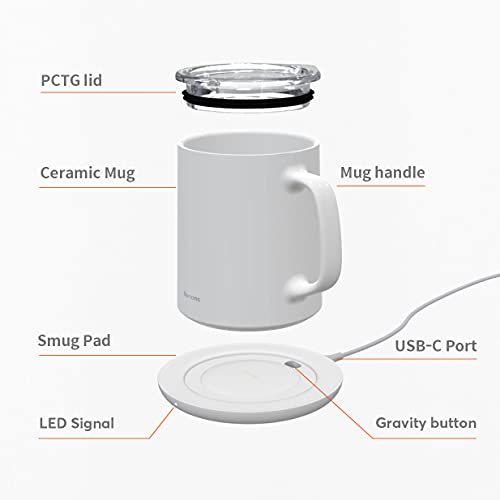 Hurkins Smug, Up To 149℉ Coffee Mug Warmer & Mug & Pctg Lid Set, Self Heated Cup With Wireless Charging Function, Office/Home For Desk. (White)