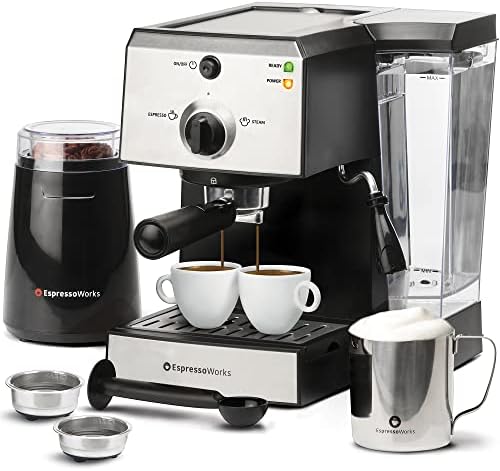Machine & Cappuccino Maker With Milk Steamer- 7 Pc All-In-One Barista Bundle Set W/ Built-In Milk Frother (Inc: Coffee Bean Grinder, Milk Frothing Cup, Spoon/Tamper & 2 Cups), Silver
