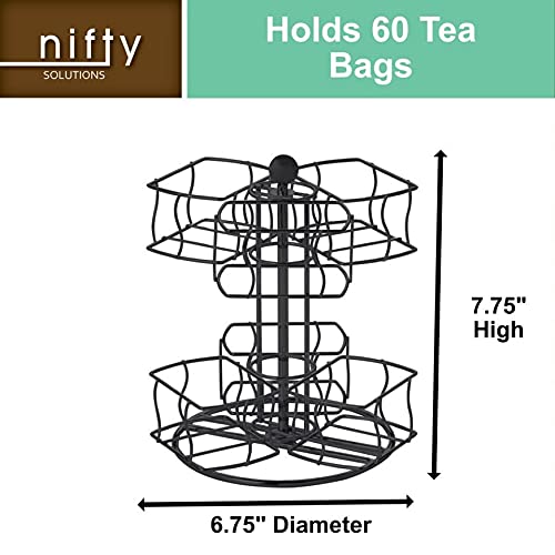 Tea Bag Spinning Carousel – 6 Compartments, Up To 60 Tea Bags Storage, Spins 360-Degrees, Lazy Susan Platform, Modern Black Design, Home Or Office Kitchen Counter Organizer