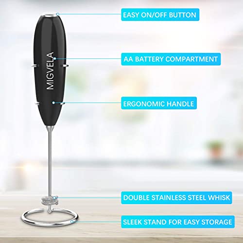MIGVELA Coffee Milk Frother Handheld Electric Double Whisk Drink Mixer Battery Operated One-Button Hand Held Mini Foam Maker With Stand For Coffee Latte Cappuccino Hot Chocolate