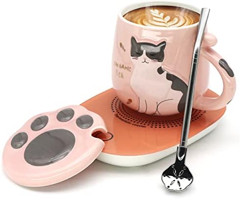 Cat Coffee Mug Warmer ,Smart Coffee Mug Warmer,Cute Cat Paw Mug Set,Novelty Coffee Mugs Mug Warmer For Desk Auto Shut Off Coffee Warmer Plate For Coffee,Tea,Water,Milk, Birthday Gift Box Pink