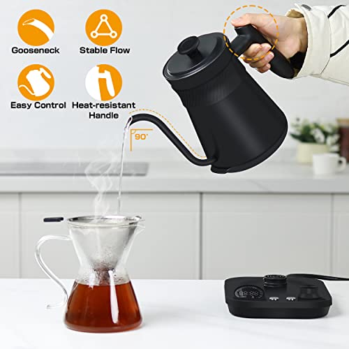 Electric Kettle Gooseneck 0.8L Tea Coffee Kettle Quick Heating Pour Over Kettle Temperature Control With LED Screen Stainless Steel Inner Lid & Bottom, Matte Black 1200W