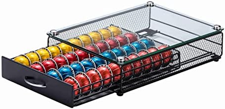 Nespresso Pod Holder, Glass Top Vertuo Pod Holder Storage, Black Nespresso Vertuo Coffee Pod Holder Drawer, 40 Pods