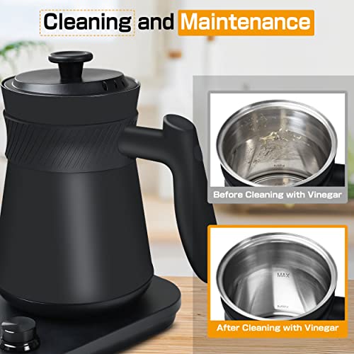 Electric Kettle Gooseneck 0.8L Tea Coffee Kettle Quick Heating Pour Over Kettle Temperature Control With LED Screen Stainless Steel Inner Lid & Bottom, Matte Black 1200W