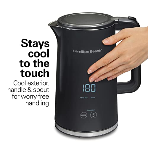Hamilton Beach Digital Temperature Control Electric Tea Kettle, Hot Water Boiler & Heater 1.7L, 5 Preset Modes + Keep Warm, Fast Boil 1500 Watts, BPA Free, Cool-Touch Stainless Steel Exterior, Black