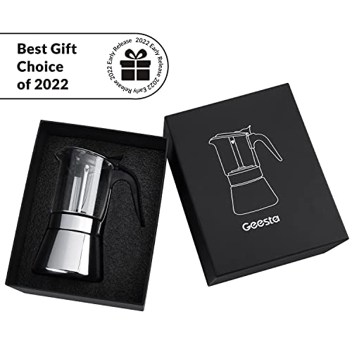 EESTA Premium Crystal Glass-Top Stovetop Espresso Moka Pot - 4 / 6/ 9 Cups - Stainless Steel Coffee Maker- 160ml/5.6oz/4 Cup (esHimpresso Cup=40ml)- Valentines Day Gifts