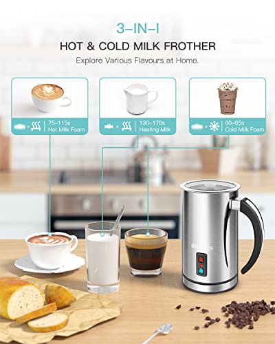Milk Frother, EZBASICS Electric Milk Steamer Stainless Steel, 8oz/237ml Automatic Hot And Cold Foam Maker, Milk Warmer For Coffee, Latte, Cappuccinos With Two Whisks For Frothing And Heating Milk