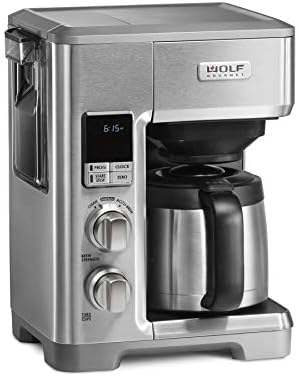 Wolf Gourmet Programmable Coffee Maker System With 10 Cup Thermal Carafe, Built-In Grounds Scale, Removable Reservoir, Red Knob, Stainless Steel (WGCM100S)