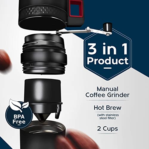 Anual Coffee Grinder With A Built-in HOT BREW Stainless-steel Filter, And TWO Cups - All In One Innovative Product | Durable & Great For Travelers