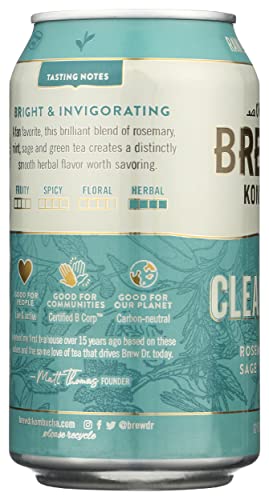 . Kombucha, Organic, Raw & Probiotic - Clear Mind Kombucha Cans- Green Tea With Rosemary, Peppermint And Sage - 4 Pack, 12 Fl Oz. Cans