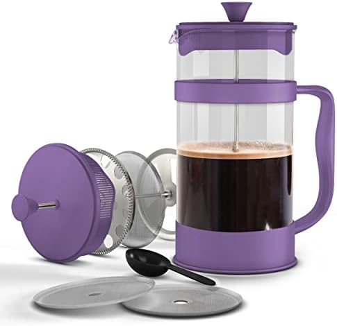34 Ounce French Press Espresso And Tea Maker With Triple Filters, Stainless Steel Plunger And Heat Resistant Borosilicate Glass - Black