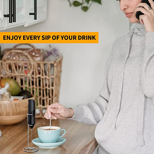 Milk Frother Handheld With Stand, Whisk Drink Mixer For Coffee, Mini Foamer For Cappuccino, Frappe, Matcha, Hot Chocolate (Black)