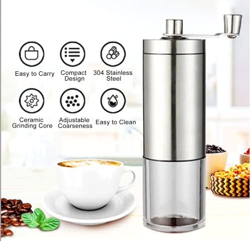 Manual Coffee Grinder, Coffee Bean Grinder With Adjustable Settings, Stainless Steel Hand Coffee Mill, Coffee Grinder Manual For Camping Home And Office (Sliver)