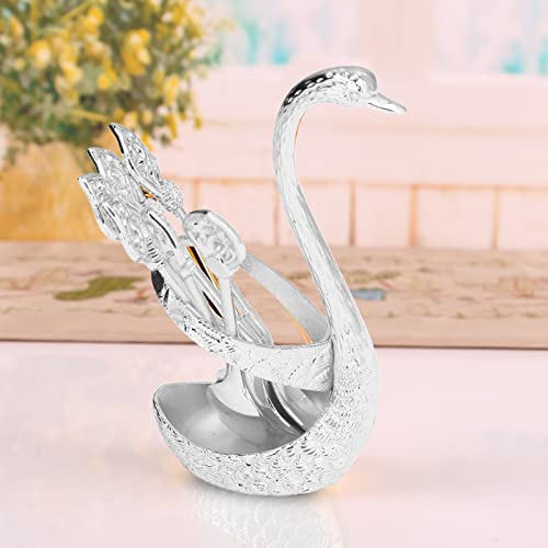 LIZEALUCKY Coffee Spoon Holder Coffee Dessert Spoon Set Metal Swan Base Holder Spoon Organizer With 6pcs Ice Cream Spoons Teaspoons Coffee Dessert Flatware (Silver)