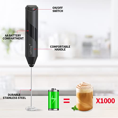 Safring Milk Frother For Coffee - Handheld Stainless Steel Electric Whisk, Battery Powered Foam Maker, Coffee Mixer, Mini Drink Blender For Latte, Frappe, Matcha, Hot Chocolate(Black)