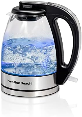 Hamilton Beach Glass Electric Tea Kettle, Water Boiler & Heater, 1 Liter, 1500 Watts For Fast Boiling, BPA Free, Cordless Serving, Auto-Shutoff & Boil-Dry Protection, Soft Blue LED (40930)