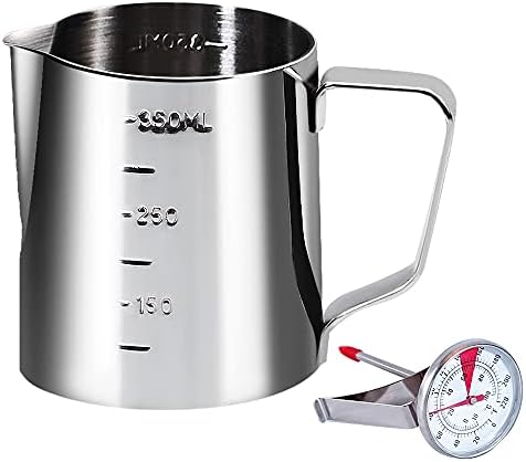 Coffee Milk Frothing Pitcher Cup With Measurement Inside Thermometer Set 12oz/350ML Stainless Steel Espresso Steaming Pitcher Tool For Cappuccino Machines Espresso Pitcher Latte Art