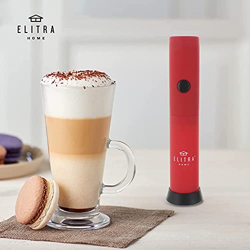 Ilk Frother Handheld Battery Operated Electric Stainless Steel Whisk Foam Maker For Coffee, Cappuccino, Latte, Hot Chocolate - By ELITRA HOME (RED)
