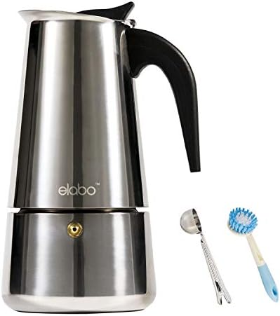 Elabo Stovetop Espreeso Machine And Moka Pot For Gas Or Electric Ceramic Stovetop, Italian Espresso Coffee Shot Maker For Italian Espresso, Cappuccino And Latte, Stainless Steel, 10 Cups