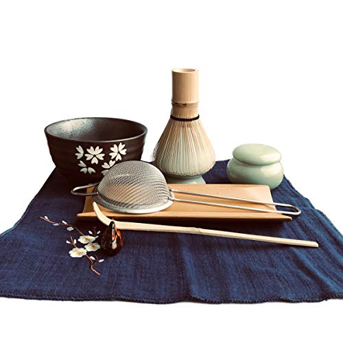 Japanese Matcha Tea Set, Matcha Whisk, Traditional Scoop, Matcha Bowl, Ceramic Whisk Holder, Matcha Caddy, Handmade Matcha Ceremony Kit For Traditional Japanese Tea Ceremony (9Pcs)