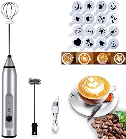 Electric Milk Frother Handheld Milk Foamer With 16 Pcs Art Stencils, USB Rechargeable Coffee Frother 3 Speeds Milk Whisk 2 In 1 Egg Beater Perfect For Coffee, Latte, Cappuccino