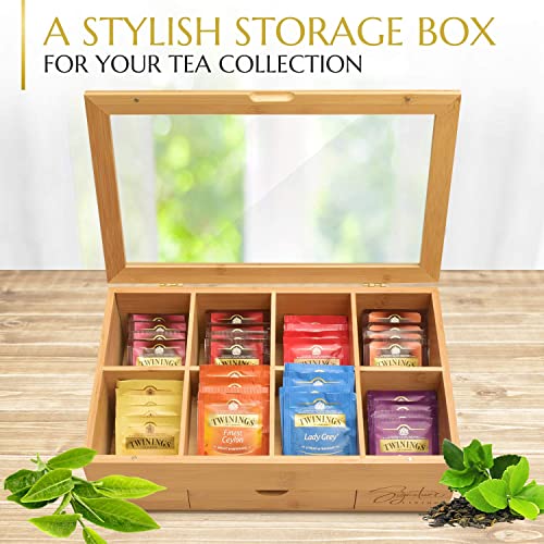 Bamboo Wooden Tea Box Storage Organizer With Drawer (8 Compartments) Large Tea Organizer Box For Tea Bags And Loose Tea - Sturdy, Natural Bamboo