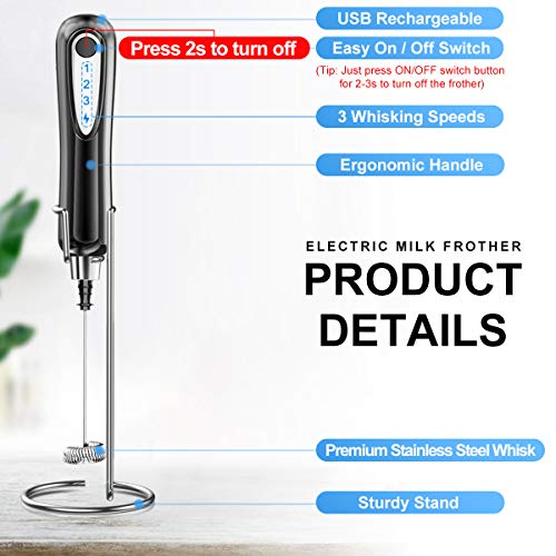 Milk Frother Handheld, USB Rechargeable 3 Speeds Mini Electric Milk Foam Maker Blender Mixer For Coffee, Latte, Cappuccino, Hot Chocolate, Egg Whisks & Stainless Steel Stand Included