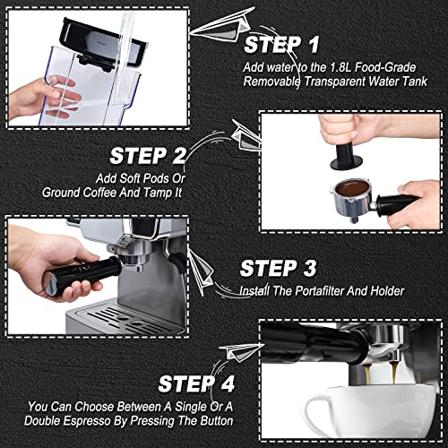 20 Bar Espresso Machine - Espresso And Cappuccino Latte Maker With Milk Frother Steam Wand - Espresso Coffee Machine For Home - 1350W - Stainless Steel