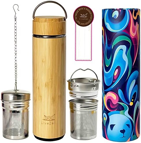 18oz Bamboo Mug Tumbler With Lid And 2 Pack Tea Filters For Loose Leaf Tea – Stainless Steel Insulated Tea Infuser Bottle With Strainer – Tea Gift Set For Tea Lovers Men Women