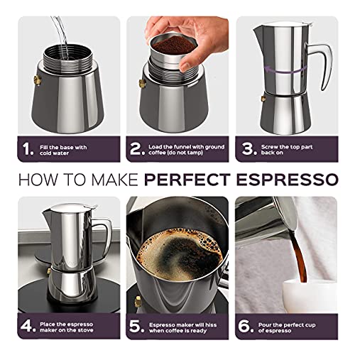 BonVIVO Intenca Stovetop Espresso Maker - Luxurious, Stainless Steel Italian Coffee Maker For Camping Or Home Use - Makes 2 Cups Of Full-Bodied Coffee - Chrome, 6.8 Oz