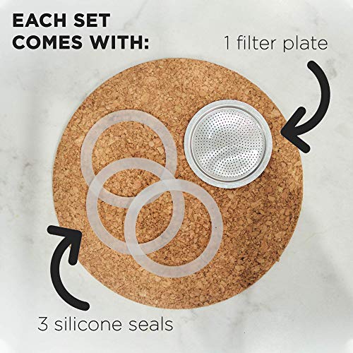 Milano Stovetop Espresso Maker Moka Pot 6 Espresso Cup - 9.3 Oz, Silver And 3 Replacement Seals Gaskets Bundle Stove Top Coffee Maker Moka Italian Espresso Coffee Maker And Replacement Gaskets