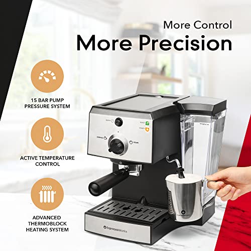 Machine & Cappuccino Maker With Milk Steamer- 7 Pc All-In-One Barista Bundle Set W/ Built-In Milk Frother (Inc: Coffee Bean Grinder, Milk Frothing Cup, Spoon/Tamper & 2 Cups), Silver