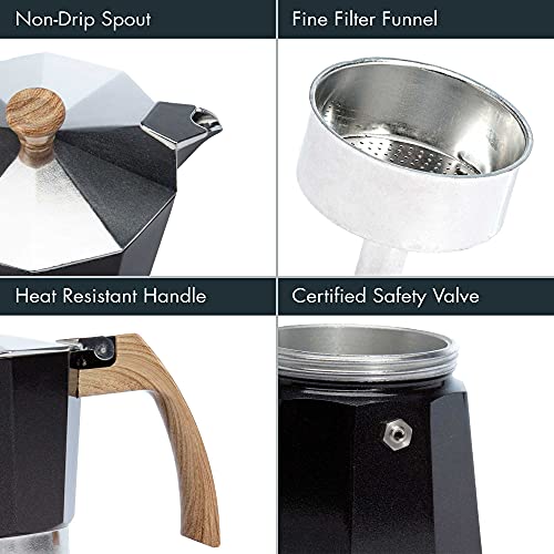 Aluminum Stove Top Espresso Maker, Percolator Pot For Moka, Cuban Coffee, Cappuccino, Latte And More, Perfect For Camping, 6 Cup, Black