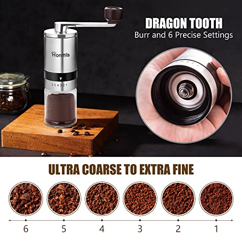 OMTILS Manual Coffee Bean Grinder With 6 Adjustable Settings - Stainless Steel Burr Hand Coffee Grinder With Crank - Includes Extra Glass With Lid, Spoon, Brush - Unique Gift For Coffee Lovers