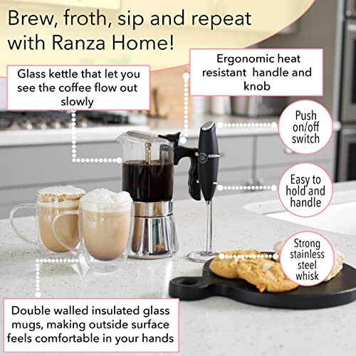 Moka Pot Stovetop Espresso Maker Set, With 9 Cup Coffee Percolator Pot, 2x Glass Coffee Mugs (12oz) And Milk Frother For Coffee. Stove Top Cafetera Greca, Cuban Or Italian Coffee Maker