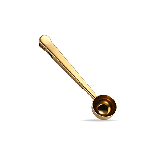  1 Piece Coffee Scoop Long Handle Stainless Steel Coffee Spoon With Clip Bag For Coffee Tea And Spices (Gold)