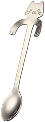  Stainless Steel Cartoon Cat Spoon Long Handle Dessert Coffee Tableware Kitchen Gadget（Silver Color
