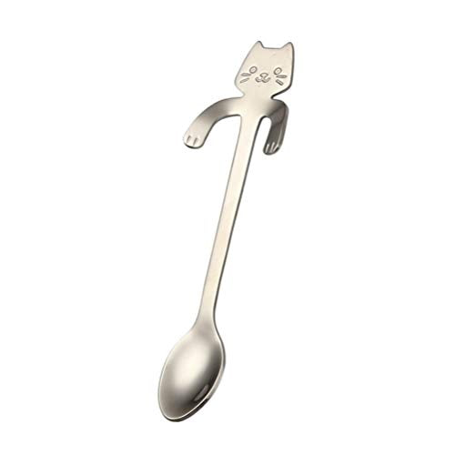  Stainless Steel Cartoon Cat Spoon Long Handle Dessert Coffee Tableware Kitchen Gadget（Silver Color