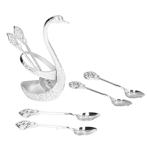  Decorative Swan Base Holder With Coffee Spoon Set, Zinc Alloy Embossment Coffee Stirrers Holder Elegant Swan Coffee Spoon Holder For Spoons Fruit Dessert(Silver)