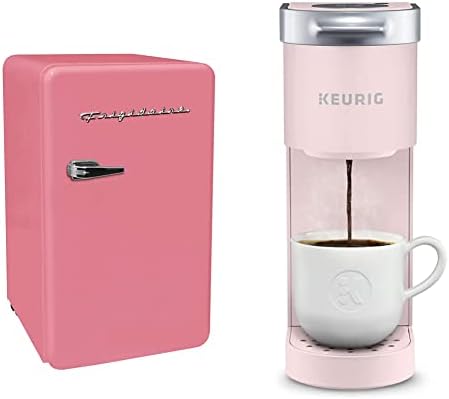 FRIGIDAIRE EFR372-PINK 3.2 Cu Ft Pink Retro Compact Rounded Corner Premium Mini Fridge & Keurig K-Mini Coffee Maker, Single Serve K-Cup Pod Coffee Brewer, 6 To 12 Oz. Brew Sizes, Dusty Rose