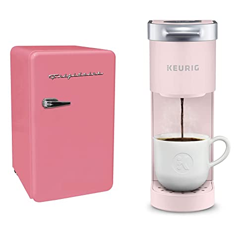 FRIGIDAIRE EFR372-PINK 3.2 Cu Ft Pink Retro Compact Rounded Corner Premium Mini Fridge & Keurig K-Mini Coffee Maker, Single Serve K-Cup Pod Coffee Brewer, 6 To 12 Oz. Brew Sizes, Dusty Rose