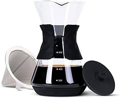  Pour Over Coffee Maker With Double Layer Stainless Steel Filter, Silicone Lid, Coffee Dripper Brewer, Heat Resistant Borosilicate Pour Over Carafe, 24 Ounce 