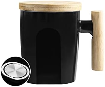  Flat Bottom Mug With Wood Lid, Ceramic Tea Cup For Coffee Warmer, Flat Bottomed, Wooden Handle, 14oz