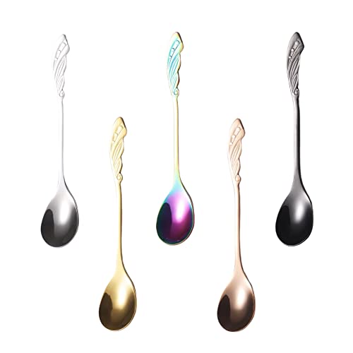  5-Piece Wing Spoon Coffee Teaspoon,SUS 304 Stainless Steel,Dessert Scoop For Stirring,Small Multiple Colors Spoon Set,4.9" Lovely Yogurt Ice Cream Demitasse Espresso Spoon (Wing)