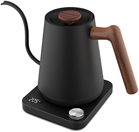  Electric Gooseneck Pour Over Kettle: KitchenBoss 1 Liter Temperature Control Coffee Kettles, 1350W Quickly Heating And Keep Warm Settings Stainless Steel Walnut Handle With Mute Mode (Charcoal Black)