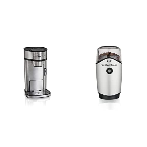 Hamilton Beach Scoop Single Serve Coffee Maker, Fast Brewing, Stainless Steel (49981A) & 4.5oz Electric Coffee Grinder For Beans, Spices & More, Stainless Steel Blades, Silver (80350R)