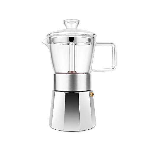  Moka Pot Premium Crystal Glass-Top Stovetop Espresso Moka Pot - 6 Cup - Coffee Maker, 240ml/8.5oz/6 Cup (espresso Cup=40ml) Coffee Lover Gifts Ideas