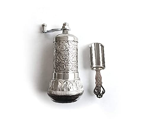  Silver Pepper & Turkish Coffee Grinder Mill - 4.2 Inches Inch/Set Of 2 - With Antique Look Casting Carving Spice Spoon - Spice Pepper And Turkish Coffee Grinder - Best Gift Idea