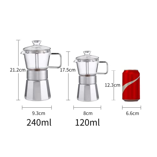  Moka Stovetop Espresso Maker,Crystal Glass-top & Aluminum Espresso Moka Pot,Classic Italian Coffee Maker,120ml(3cup)
